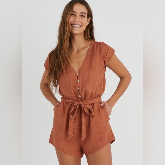 Bella Dahl Women’s Linen Cap Sleeve Sienna Romper in Rust Size M - Picture 1 of 10